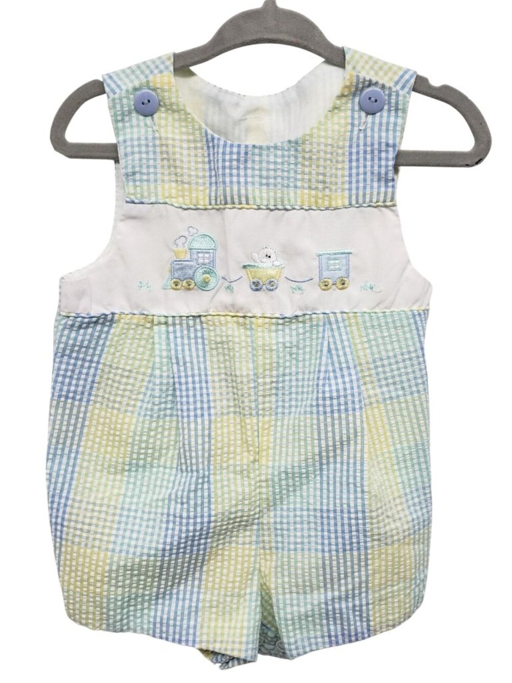 Vintage Baby Boy Pastel Gingham Romper Embroidered Train Blue Green Yellow
